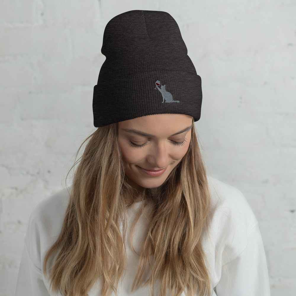 Unisex Cuffed Beanie (Cat Loves Wine)